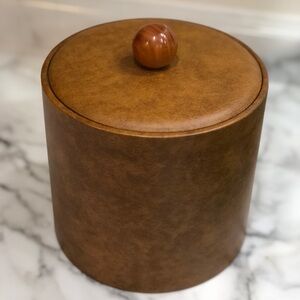 Leather-Look Round Canister with Wooden Knob - Brown